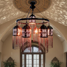 Load image into Gallery viewer, BR372 Artisan Moroccan Chandelier – Hand-Etched Brass &amp; Chain Drape