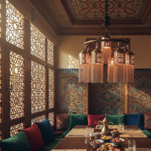 Load image into Gallery viewer, BR372 Artisan Moroccan Chandelier – Hand-Etched Brass &amp; Chain Drape