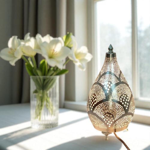 BR430 Handmade Silver Oriental Moroccan Décor Table Lamp Hand-Drilled Filigree