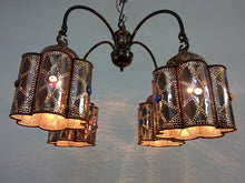 Load image into Gallery viewer, BR44 Unique Jeweled Brass Chandelier – Vintage-Inspired with Hand-Pierced Shades