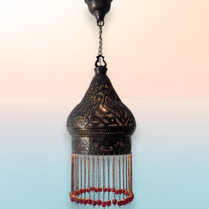 BR453 Antique Moroccan Pierced Hanging Lamp – Red Beads • Exotic Light Patterns