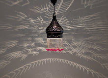 Load image into Gallery viewer, BR453 Antique Moroccan Pierced Hanging Lamp – Red Beads • Exotic Light Patterns