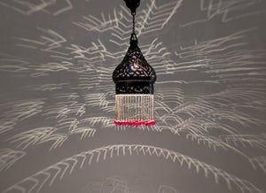 BR453 Antique Moroccan Pierced Hanging Lamp – Red Beads • Exotic Light Patterns