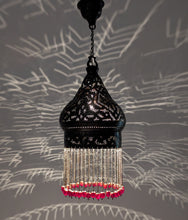 Load image into Gallery viewer, BR453 Antique Moroccan Pierced Hanging Lamp – Red Beads • Exotic Light Patterns