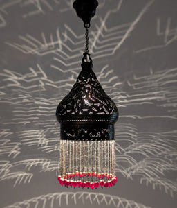 BR453 Antique Moroccan Pierced Hanging Lamp – Red Beads • Exotic Light Patterns