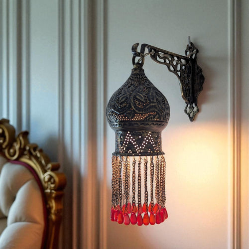 BR454 Moroccan Brass Wall Mount Light with Red Beads & Bracket – Vintage Handcrafted Pierced Dome Lantern