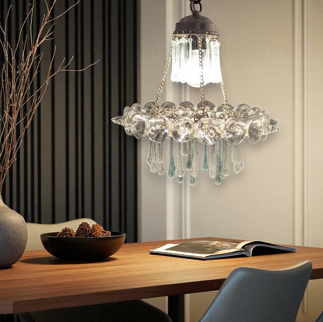B305 Mid-Century Vintage Glass Teardrops Silver Pendant Chandelier Crystal Look