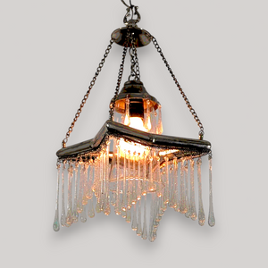 BR455 Unique Silver-Plated Brass Star Chandelier — Handcrafted Glass Teardrops, Clear Bell Shade — 23 × 23 × 46 cm (9 × 9 × 18")