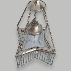 BR455 Unique Silver-Plated Brass Star Chandelier — Handcrafted Glass Teardrops, Clear Bell Shade — 23 × 23 × 46 cm (9 × 9 × 18")