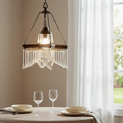 BR455 Unique Silver-Plated Brass Star Chandelier — Handcrafted Glass Teardrops, Clear Bell Shade — 23 × 23 × 46 cm (9 × 9 × 18