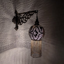 Load image into Gallery viewer, BR456 Moroccan Brass Wall Light Perforated Globe &amp; Chain Tassels Antique Patina