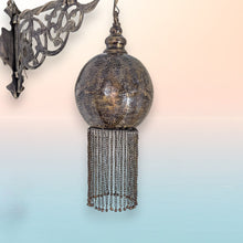 Load image into Gallery viewer, BR456 Moroccan Brass Wall Light Perforated Globe &amp; Chain Tassels Antique Patina