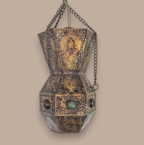 BR457 Antique Brass Moroccan/Islamic Wall Lamp Jeweled Hexagonal Pierced Lantern