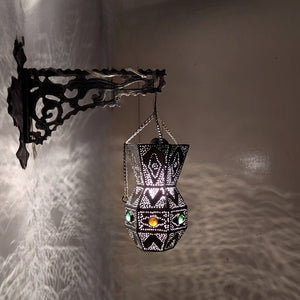 BR457 Antique Brass Moroccan/Islamic Wall Lamp Jeweled Hexagonal Pierced Lantern