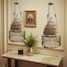 Load image into Gallery viewer, BR75 Pair of Antique-Style Brass Pendant Lamps Hand-Etched Jeweled Glass Stones