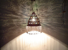 Load image into Gallery viewer, BR75 Pair of Antique-Style Brass Pendant Lamps Hand-Etched Jeweled Glass Stones
