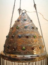 Load image into Gallery viewer, BR75 Pair of Antique-Style Brass Pendant Lamps Hand-Etched Jeweled Glass Stones