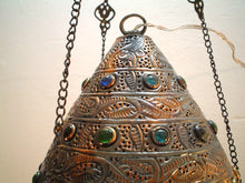 Load image into Gallery viewer, BR75 Pair of Antique-Style Brass Pendant Lamps Hand-Etched Jeweled Glass Stones