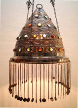 Load image into Gallery viewer, BR75 Pair of Antique-Style Brass Pendant Lamps Hand-Etched Jeweled Glass Stones