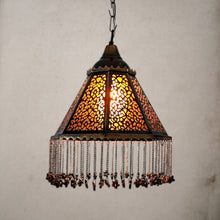 Load image into Gallery viewer, BZ3 Moroccan Octagonal Brass Chandelier Amber Glass Pyramidal with Chain Curtain