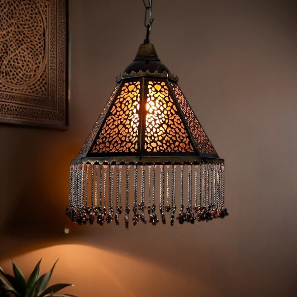 BZ3 Moroccan Octagonal Brass Chandelier Amber Glass Pyramidal with Chain Curtain
