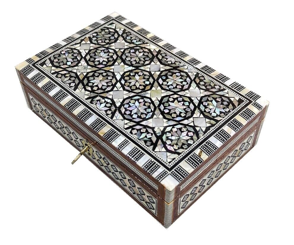 J100 Mother of Pearl Mosaic Trinket Egyptian Rectangular Velvet Jewelry Box