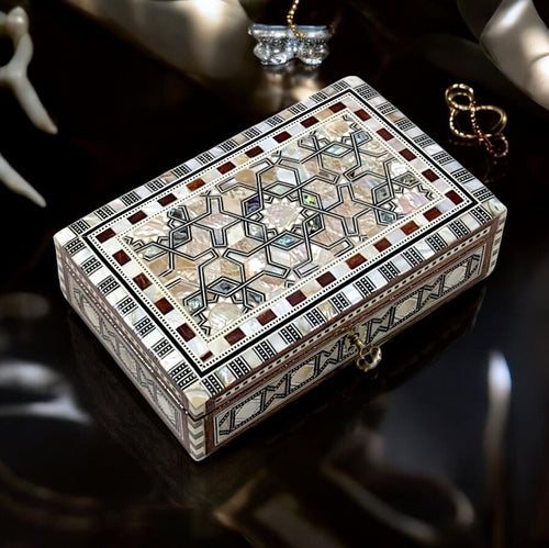 J108 Elegant Mother of Pearl Mosaic Jewelry Box – Egyptian Chest with Key Lock