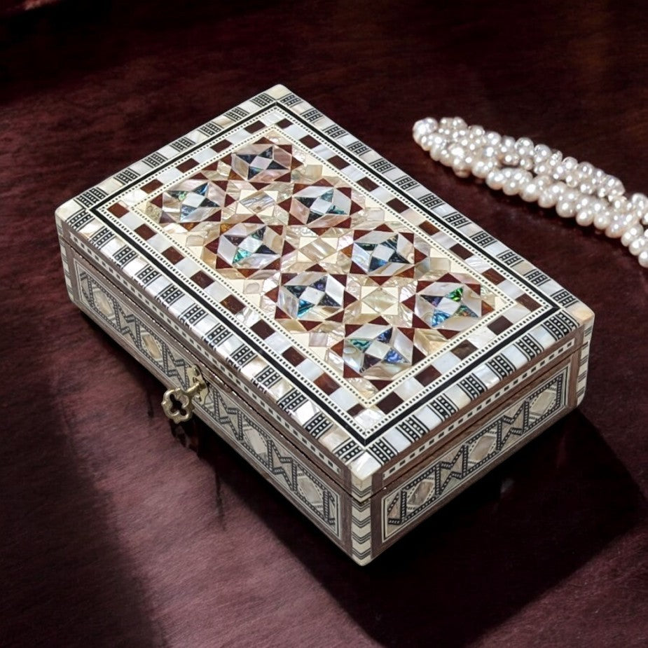 J109 Mother of Pearl Mosaic Egyptian Chest – Rectangular Jewelry Box with Lock