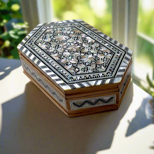 J116 Mother of Pearl Inlaid Elongated Hexagon Box | Decorated Inside & Out
