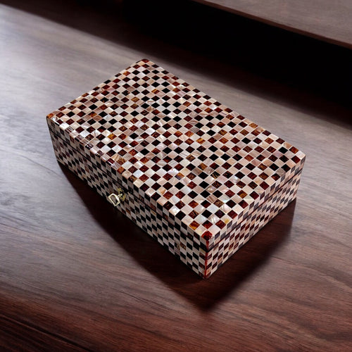 J118 Chessboard Inlay Wooden Jewelry Box Mother of Pearl & Tortoiseshell With Keylock