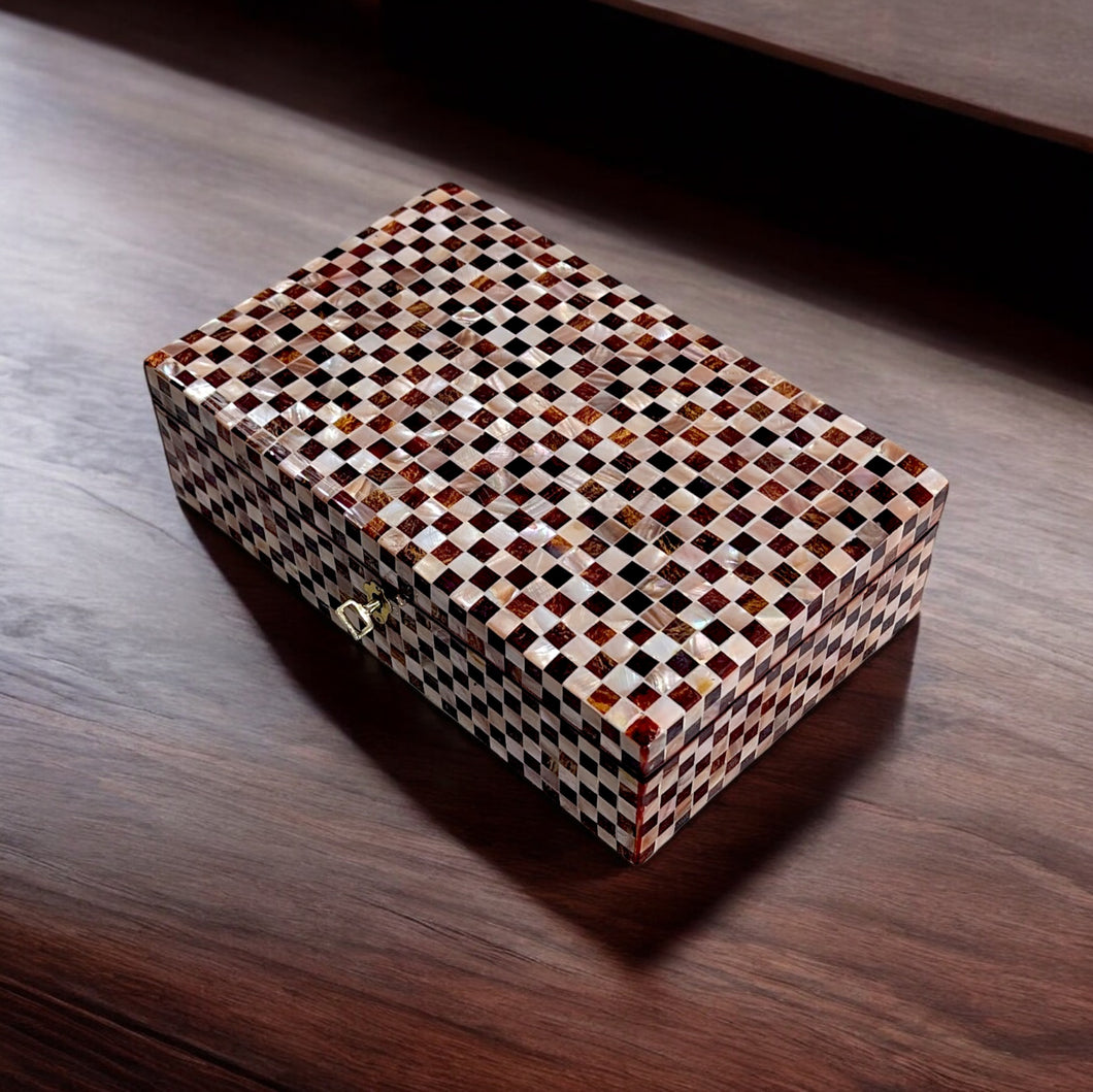 J118 Chessboard Inlay Wooden Jewelry Box Mother of Pearl & Tortoiseshell With Keylock