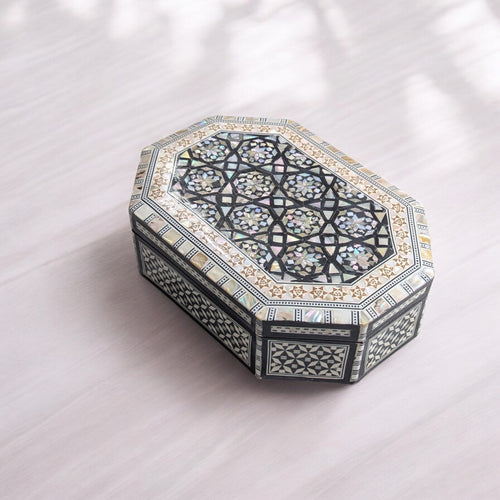 J22 Handmade Elongated Octagonal Mother of Pearl Jewelry Box Blue Velvet Lining