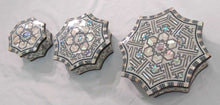 Load image into Gallery viewer, J78 Gorgeous Mother of Pearl Mosaic Egyptian Brown Jewelry Boxes Set of Three