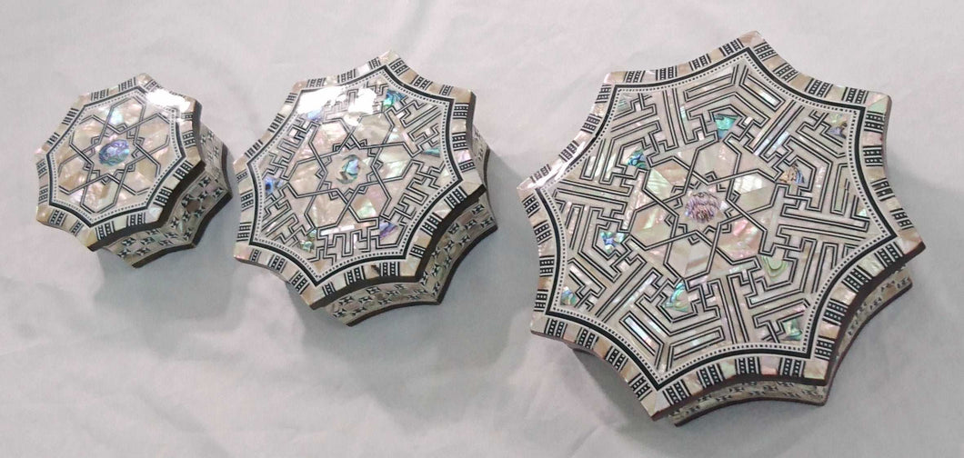 J78 Gorgeous Mother of Pearl Mosaic Egyptian Brown Jewelry Boxes Set of Three