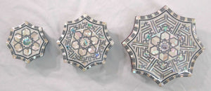 J78 Gorgeous Mother of Pearl Mosaic Egyptian Brown Jewelry Boxes Set of Three