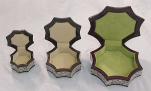 J78 Gorgeous Mother of Pearl Mosaic Egyptian Brown Jewelry Boxes Set of Three