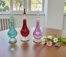 Load image into Gallery viewer, LW13 Handmade Blown Glass Egyptian Folk Art Perfume Bottle Large Purple Red Turquoise Ribbed Souvenir