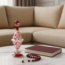 Load image into Gallery viewer, LW2 Egyptian Folk Art 20 cm Hand-Painted Perfume Bottle Mouth Blown Red Glass Gold Accents Arabic Calligraphy Souvenir