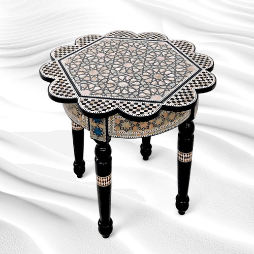 W165 🌹 Handmade Mother of Pearl Inlaid Egyptian Round/Rose End Side Table ✨ Luxury Home Décor
