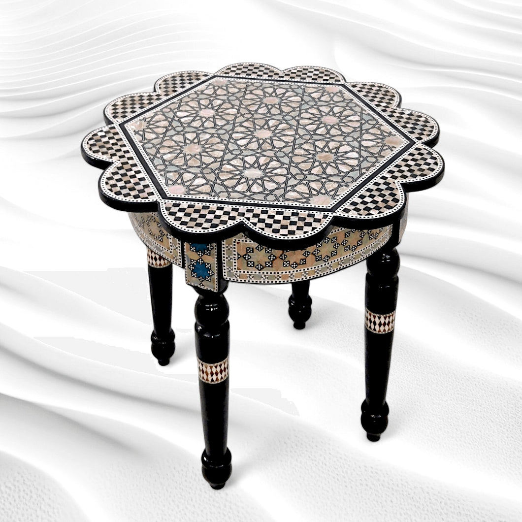 W165 🌹 Handmade Mother of Pearl Inlaid Egyptian Round/Rose End Side Table ✨ Luxury Home Décor