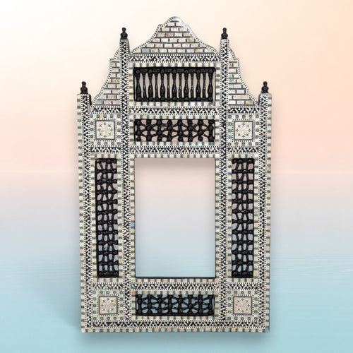 W173BL Black Arabesque Mother of Pearl Wood Mirror Egyptian Rectangular Frame