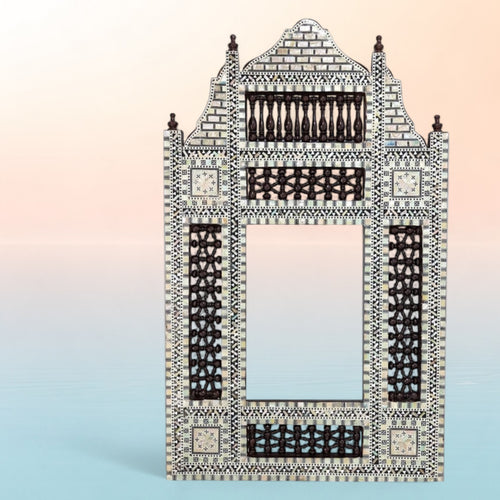 W173BR Brown Arabesque Mother of Pearl Wood Mirror Egyptian Rectangular Frame