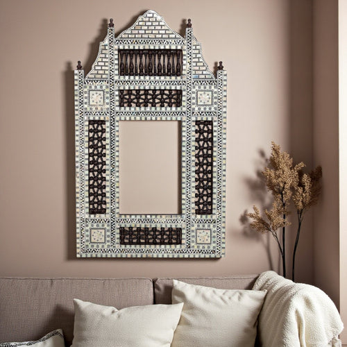 W173BR Brown Arabesque Mother of Pearl Wood Mirror Egyptian Rectangular Frame
