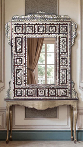 W176 Stunning Vintage Egyptian Brown Mother of Pearl Large Wood Mirror Frame