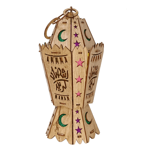 AA122 BOGO Ramadan Octagonal Laser Cut Kids Wood Lantern with LED Flashing Light