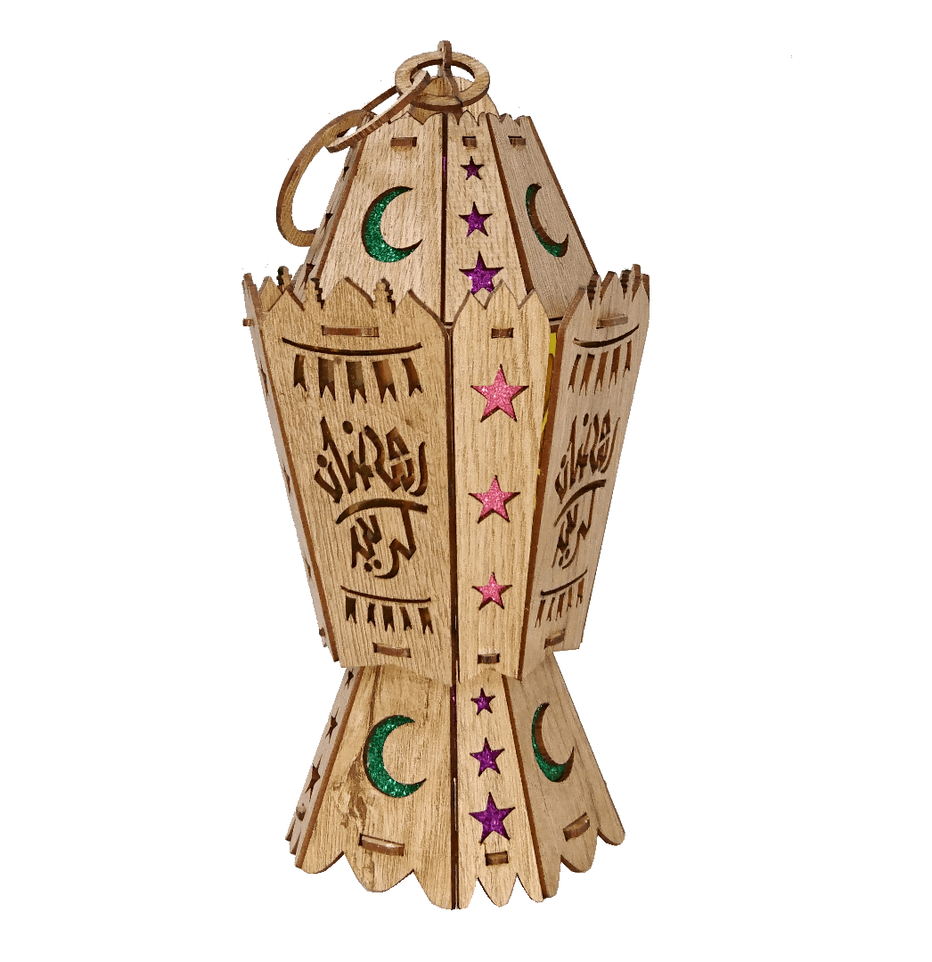 AA122 BOGO Ramadan Octagonal Laser Cut Kids Wood Lantern with LED Flashing Light