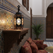 Load image into Gallery viewer, B171 Antique-Finish Hexagonal Moroccan Brass Table Lamp — Stained Glass Panels