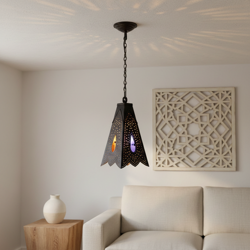 B199 Islamic Brass Pendant Lamp — Square Pyramidal Openwork with Colored Glass