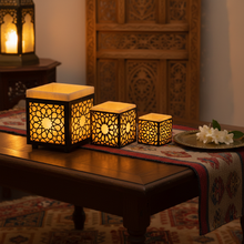 Load image into Gallery viewer, B210 Alabaster &amp; Brass Moroccan Votive LED Candle Holders Nested Tea-Light Set