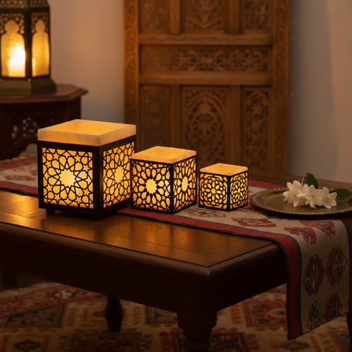 B210 Alabaster & Brass Moroccan Votive LED Candle Holders Nested Tea-Light Set